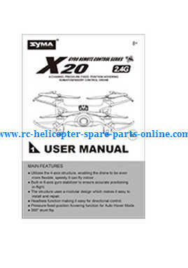 Syma X20 X20-S RC quadcopter spare parts todayrc toys listing English manual instruction book (X20)